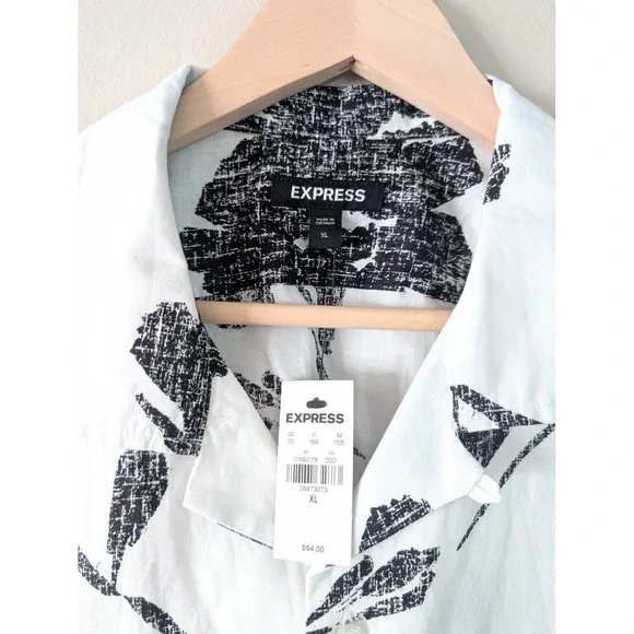 Express Mens White Floral Print Short Sleeve Shirt Vacation Beach Resort XL NWT - Picture 5 of 8